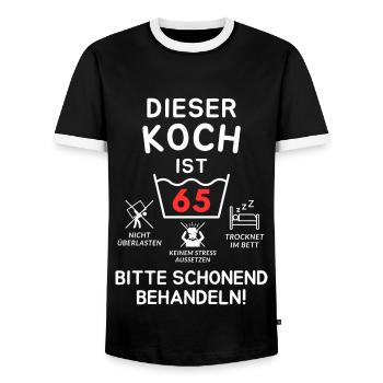 Dieser Koch ist 65. Schonend behandeln - Männer Kontrast-T-Shirt - Schwarz/Weiß - Vorne - AI Model Female 172 light (172cm) & AI Model Male 178 light (178cm)
