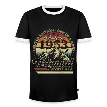 Original 1953 vintage retro anniversary 1953 - Men's Ringer Shirt - black/white - Front - AI Model Female 172 light (172cm) & AI Model Male 178 light (178cm)