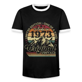 Original 1973 vintage retro anniversary 1973 - Men's Ringer Shirt - black/white - Front - AI Model Female 172 light (172cm) & AI Model Male 178 light (178cm)