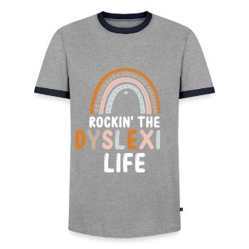Dyslexia Awareness and Dyslexia Teachers - Men's Ringer Shirt - grey/navy  - Front - AI Model Female 172 light (172cm) & AI Model Male 178 light (178cm)