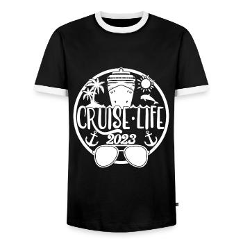 Cruise Life 2023 Cruising Summer Holiday Vacation - Men's Ringer Shirt - black/white - Front - AI Model Female 172 light (172cm) & AI Model Male 178 light (178cm)