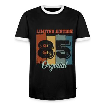 Limited Edition 85 Original – 40th Anniversary - Men's Ringer Shirt - black/white - Front - AI Model Female 172 light (172cm) & AI Model Male 178 light (178cm)