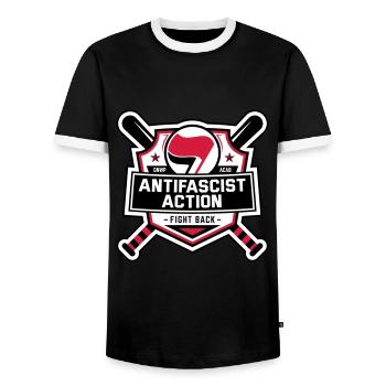 ANTIFA - Antifascist Action (II) - Men's Ringer Shirt - black/white - Front - AI Model Female 172 light (172cm) & AI Model Male 178 light (178cm)