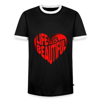 Citation du dicton du cœur La vie est belle - T-shirt contrasté Homme - noir/blanc - Devant - AI Model Female 172 light (172cm) & AI Model Male 178 light (178cm)