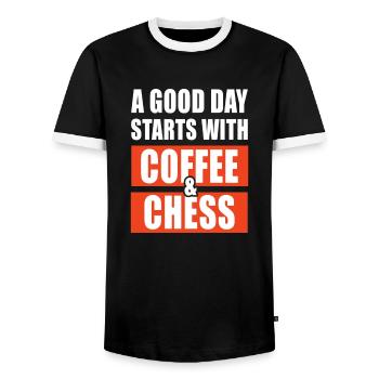 A good day starts with coffee and chess - Men's Ringer Shirt - black/white - Front - AI Model Female 172 light (172cm) & AI Model Male 178 light (178cm)
