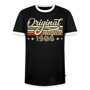 August 1986 Birthday August 1986 - Original 1986 - Men's Ringer Shirt - black/white - Front - AI Model Female 172 light (172cm) & AI Model Male 178 light (178cm)