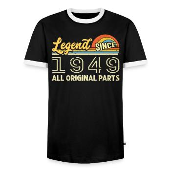 Legendary since 1949 Birthday 1949 Born 1949 - Men's Ringer Shirt - black/white - Front - AI Model Female 172 light (172cm) & AI Model Male 178 light (178cm)
