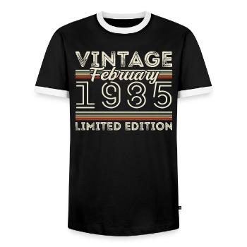 February 1985 Anniversary Gift - February 1985 - Men's Ringer Shirt - black/white - Front - AI Model Female 172 light (172cm) & AI Model Male 178 light (178cm)