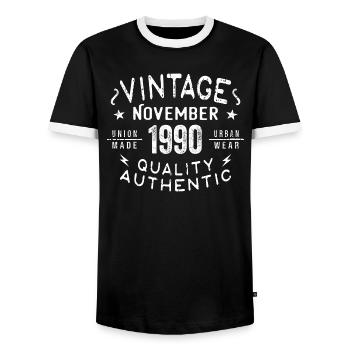 Novembre 1990 Cadeau d'anniversaire en novembre 1990 - T-shirt contrasté Homme - noir/blanc - Devant - AI Model Female 172 light (172cm) & AI Model Male 178 light (178cm)