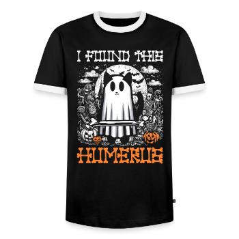 Halloween Cat Ghost Humor Saying Funny - Men's Ringer Shirt - black/white - Front - AI Model Female 172 light (172cm) & AI Model Male 178 light (178cm)