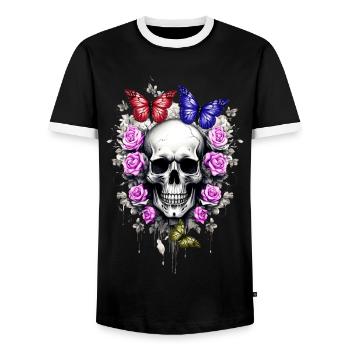 Totenkopf mit Rosen und Schmetterlingen farbig - Männer Kontrast-T-Shirt - Schwarz/Weiß - Vorne - AI Model Female 172 light (172cm) & AI Model Male 178 light (178cm)