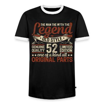 52 Jahre alt, Legenden 1972 Jahrgang 1972 Jubiläum - Männer Kontrast-T-Shirt - Schwarz/Weiß - Vorne - AI Model Female 172 light (172cm) & AI Model Male 178 light (178cm)