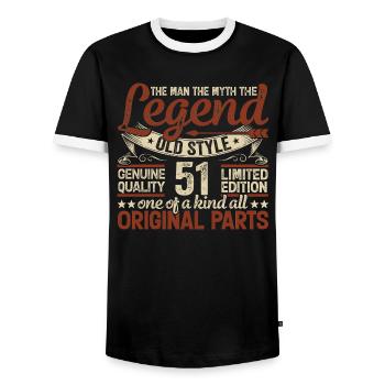51 ans, Légendes 1973 Millésime 1973 Jubilé - T-shirt contrasté Homme - noir/blanc - Devant - AI Model Female 172 light (172cm) & AI Model Male 178 light (178cm)