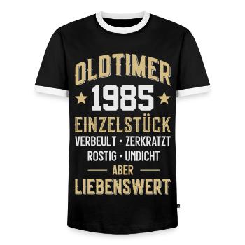 LUSTIG 41. GEBURTSTAG OLDTIMER 1985 EINZELSTÜCK - Männer Kontrast-T-Shirt - Schwarz/Weiß - Vorne - AI Model Female 172 light (172cm) & AI Model Male 178 light (178cm)