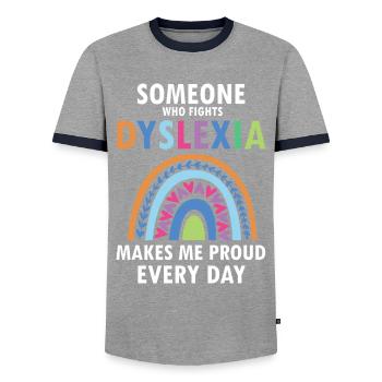 Dyslexia Teacher for Legathenia Therapists - Men's Ringer Shirt - grey/navy  - Front - AI Model Female 172 light (172cm) & AI Model Male 178 light (178cm)