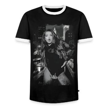 Vintage Photo Fuck you Woman - Men's Ringer Shirt - black/white - Front - AI Model Female 172 light (172cm) & AI Model Male 178 light (178cm)