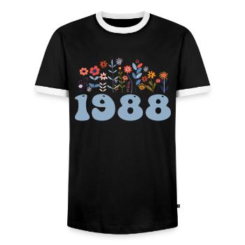 1988 Floral Pattern 1988 Floral Theme Flowers 1988 - Men's Ringer Shirt - black/white - Front - AI Model Female 172 light (172cm) & AI Model Male 178 light (178cm)