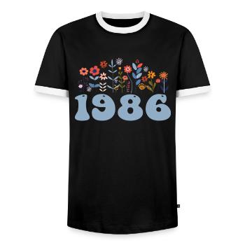 1986 Floral Pattern 1986 Floral Theme Floral 1986 - Men's Ringer Shirt - black/white - Front - AI Model Female 172 light (172cm) & AI Model Male 178 light (178cm)