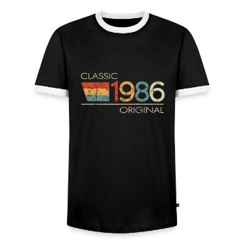 1986 Birthday Classic Original - Men's Ringer Shirt - black/white - Front - AI Model Female 172 light (172cm) & AI Model Male 178 light (178cm)