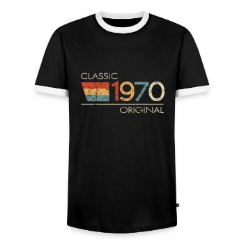 1970 Birthday Classic Original - Men's Ringer Shirt - black/white - Front - AI Model Female 172 light (172cm) & AI Model Male 178 light (178cm)