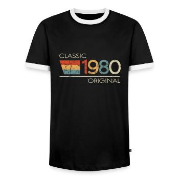 1980 Birthday Classic Original - Men's Ringer Shirt - black/white - Front - AI Model Female 172 light (172cm) & AI Model Male 178 light (178cm)