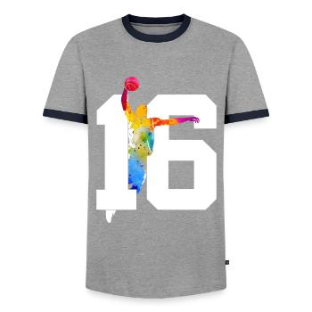 NUMMER 16 BASKETBALL 16. GEBURTSTAG - Männer Kontrast-T-Shirt - Grau/Navy  - Vorne - AI Model Female 172 light (172cm) & AI Model Male 178 light (178cm)
