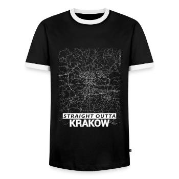 Straight Outta Kraków city map and streets - Men's Ringer Shirt - black/white - Front - AI Model Female 172 light (172cm) & AI Model Male 178 light (178cm)
