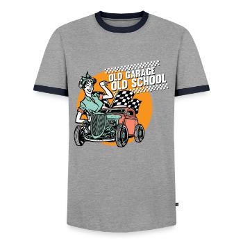 Pinup vintage rockabilly - Men's Ringer Shirt - grey/navy  - Front - AI Model Female 172 light (172cm) & AI Model Male 178 light (178cm)