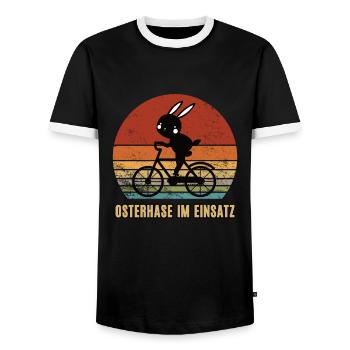 Osterhase auf Fahrrad Häschen Hase im Einsatz - Männer Kontrast-T-Shirt - Schwarz/Weiß - Vorne - AI Model Female 172 light (172cm) & AI Model Male 178 light (178cm)
