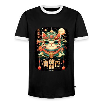 Japanische Katze Samurai Style für Katzen Fans - Männer Kontrast-T-Shirt - Schwarz/Weiß - Vorne - AI Model Female 172 light (172cm) & AI Model Male 178 light (178cm)