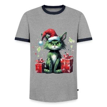 Katze Weihnachten Weihnachtselfe Geschenke Mütze - Männer Kontrast-T-Shirt - Grau/Navy  - Vorne - AI Model Female 172 light (172cm) & AI Model Male 178 light (178cm)