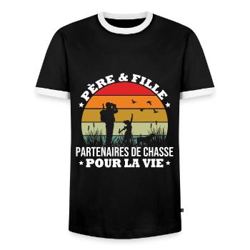 Chasse : Père et Fille Partenaires - T-shirt contrasté Homme - noir/blanc - Devant - AI Model Female 172 light (172cm) & AI Model Male 178 light (178cm)