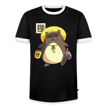Funny Japanese cartoon character Tanuki Yokai - Men's Ringer Shirt - black/white - Front - AI Model Female 172 light (172cm) & AI Model Male 178 light (178cm)