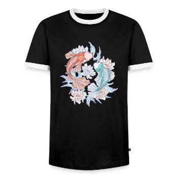 Ying et yang de poissons Koi colorés avec des fleurs - T-shirt contrasté Homme - noir/blanc - Devant - AI Model Female 172 light (172cm) & AI Model Male 178 light (178cm)