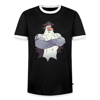 Seagull pirate eating a fish with anchor tattoo - Men's Ringer Shirt - black/white - Front - AI Model Female 172 light (172cm) & AI Model Male 178 light (178cm)