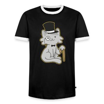 Gentleman cat with top hat and walking stick - Men's Ringer Shirt - black/white - Front - AI Model Female 172 light (172cm) & AI Model Male 178 light (178cm)