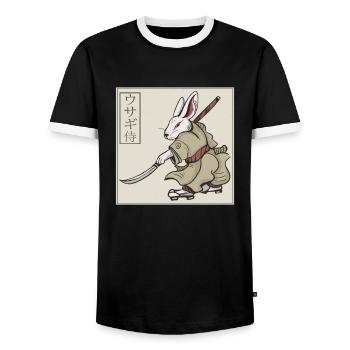 Japanische Kunst Kaninchen Samurai mit Schwert - Männer Kontrast-T-Shirt - Schwarz/Weiß - Vorne - AI Model Female 172 light (172cm) & AI Model Male 178 light (178cm)