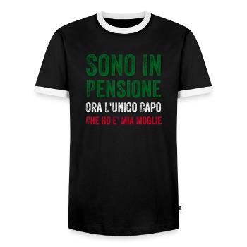 Sono in pensione ora l'unico capo che ho e' mia - Männer Kontrast-T-Shirt - Schwarz/Weiß - Vorne - AI Model Female 172 light (172cm) & AI Model Male 178 light (178cm)