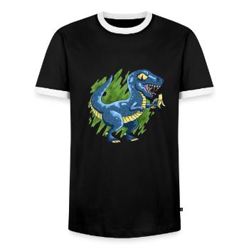 Banana Raptor dinosaur eats banana funny vegan - Men's Ringer Shirt - black/white - Front - AI Model Female 172 light (172cm) & AI Model Male 178 light (178cm)