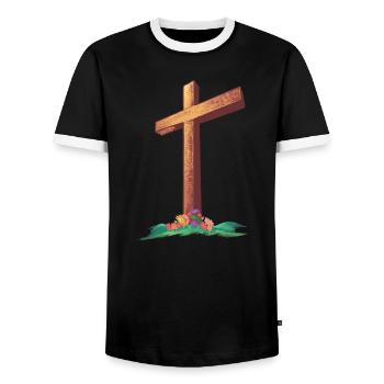 Christliches Kreuz mit Blumen auf einem Hügel - Männer Kontrast-T-Shirt - Schwarz/Weiß - Vorne - AI Model Female 172 light (172cm) & AI Model Male 178 light (178cm)