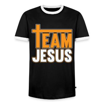 Team Jesus with Cross T for Bible Fans - Men's Ringer Shirt - black/white - Front - AI Model Female 172 light (172cm) & AI Model Male 178 light (178cm)