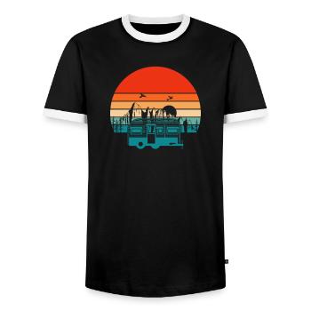 Camping Bus in front of retro sunset nature - Men's Ringer Shirt - black/white - Front - AI Model Female 172 light (172cm) & AI Model Male 178 light (178cm)