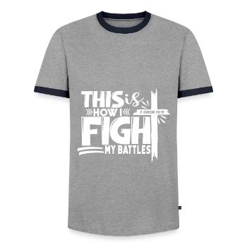 Alors Je combats Mes batailles avec la Croix et la Bible - T-shirt contrasté Homme - gris/marine  - Devant - AI Model Female 172 light (172cm) & AI Model Male 178 light (178cm)