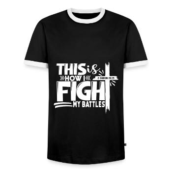 How I Fight My Battles with Cross and Bible - Men's Ringer Shirt - black/white - Front - AI Model Female 172 light (172cm) & AI Model Male 178 light (178cm)