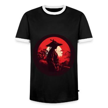Samurai mit Schwert Katana rote Sonne Silhouette - Männer Kontrast-T-Shirt - Schwarz/Weiß - Vorne - AI Model Female 172 light (172cm) & AI Model Male 178 light (178cm)