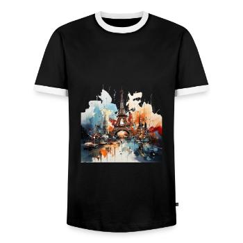 Fascinating abstract painting of the Eiffel Tower - Men's Ringer Shirt - black/white - Front - AI Model Female 172 light (172cm) & AI Model Male 178 light (178cm)
