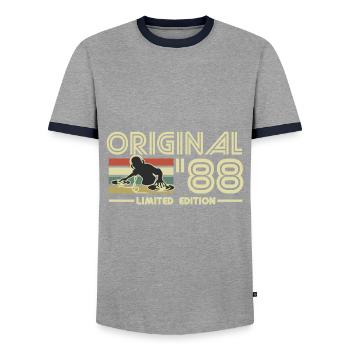 1988 - Men's Ringer Shirt - grey/navy  - Front - AI Model Female 172 light (172cm) & AI Model Male 178 light (178cm)
