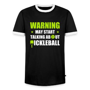Pickleball-warnung Kann Anfangen, Über Pickleball - Männer Kontrast-T-Shirt - Schwarz/Weiß - Vorne - AI Model Female 172 light (172cm) & AI Model Male 178 light (178cm)
