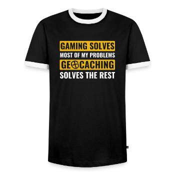 Geocaching Löst Meine Probleme Lustiger Geocacher - Männer Kontrast-T-Shirt - Schwarz/Weiß - Vorne - AI Model Female 172 light (172cm) & AI Model Male 178 light (178cm)
