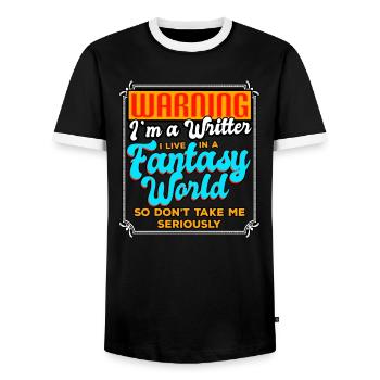 Warning I'm A Writer I Live In A Fantasy World - Men's Ringer Shirt - black/white - Front - AI Model Female 172 light (172cm) & AI Model Male 178 light (178cm)